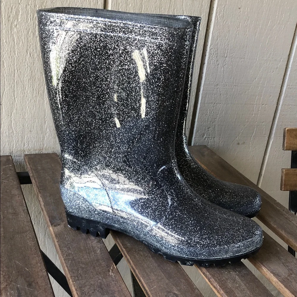 Women's Glitter Mid-Calf Black Rain Boots